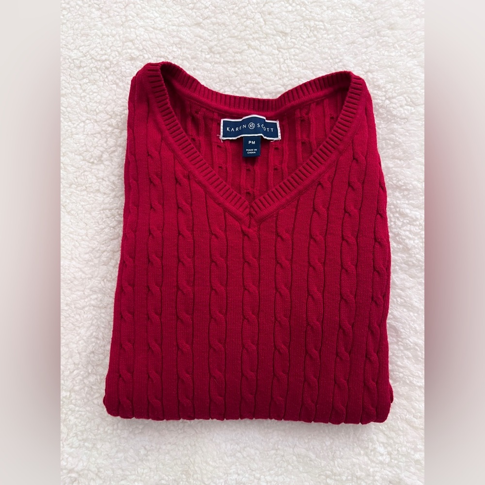 Karen Scott Cable Knit V-Neck Sweater